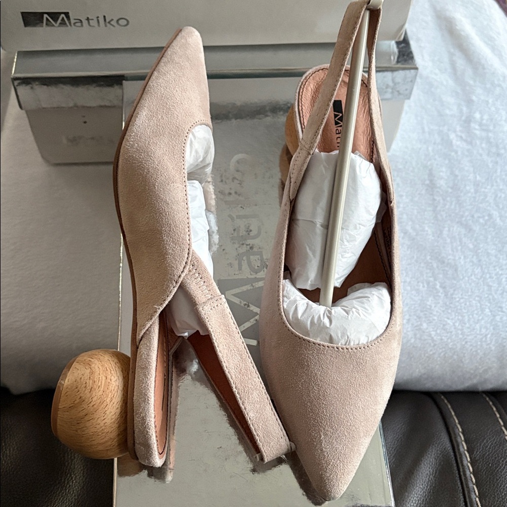 🤎 Matiko Circa Suede Leather Slingback Wooden Ball Heels. New!